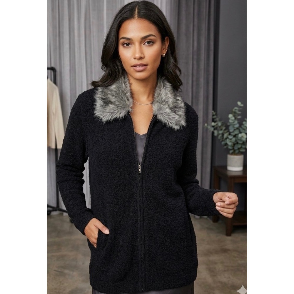 Fashion Bug Black Boucle Zip Up Cardigan Faux Fur Collar Plus Size 18/20 #150